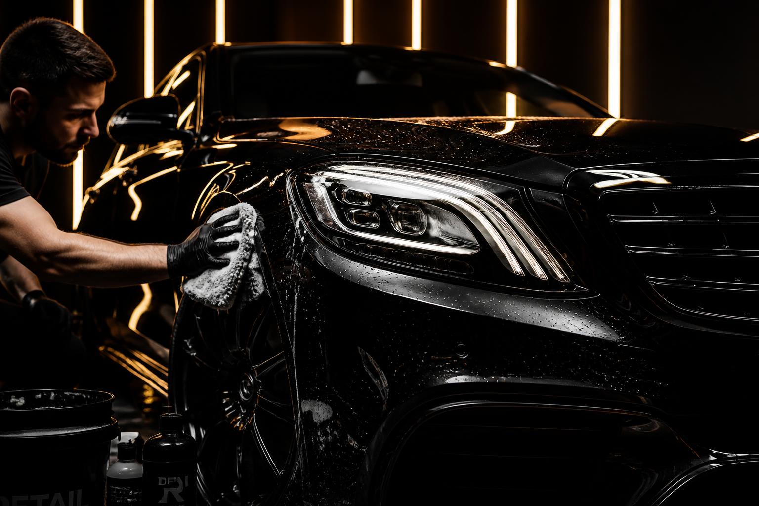 Detailer hand-finishing a glossy black luxury sedan under gold studio lighting